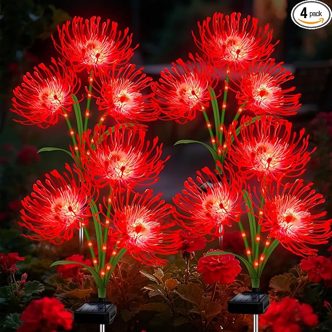 Solar Garden Flower Lights Outdoor, 4 Pack Red Spider Lily with Glowing Stems, Waterproof LED Yard Lawn Pathway Decor, Elegant Patio Garden Decoration, for Mom, Grandma, Women