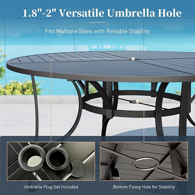 SUNSHINE VALLEY Patio Dining Set for 8, 67" Round Metal Table with Umbrella Hole, 8 x Stable Brown Dining Chairs, Outdoor Table and Chairs Set for Lawn Backyard and Deck