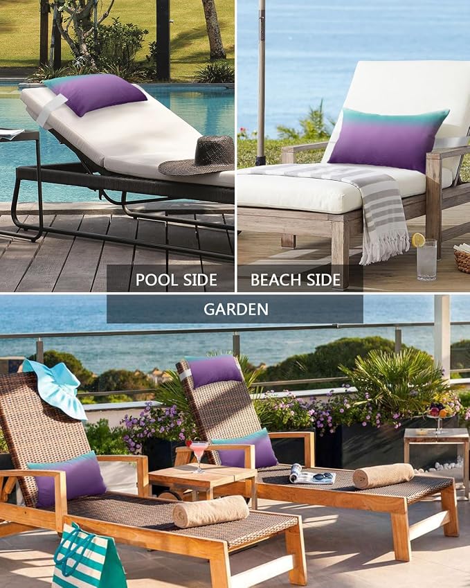 Outdoor Pillows Covers with Inserts Teal Turquoise Purple Ombre Stripe Line Gradient Waterproof Pillow with Adjustable Strap Throw Pillows for Patio Furniture Pool Lounge Chair, 11x16 Inch, 2PCS