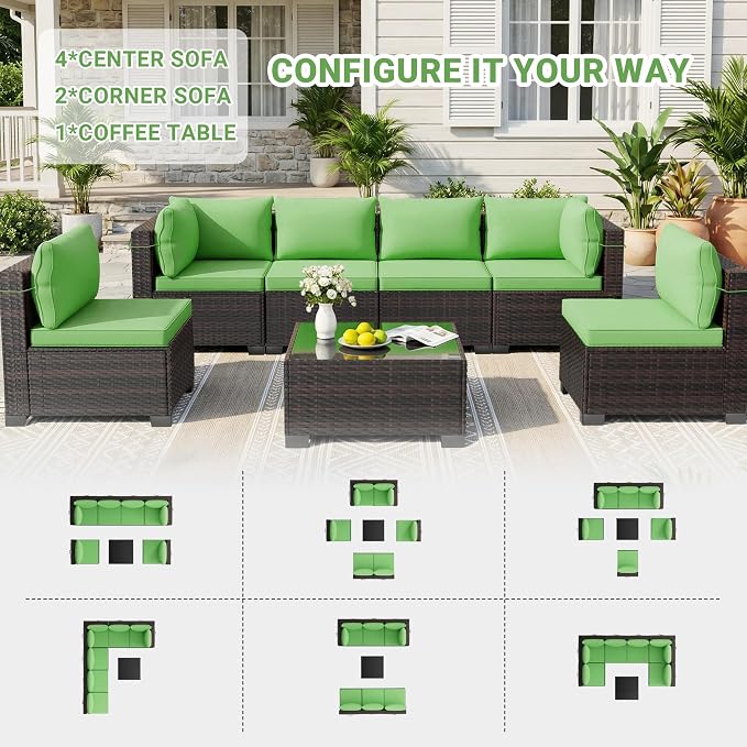 LAFWLL 7 Pieces Outdoor Patio Furniture Sets,Rattan Conversation Sectional Set,Manual Weaving Wicker Patio Sofa with Tea Table