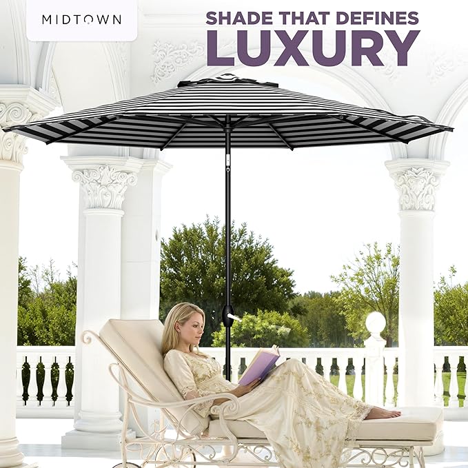 Midtown Umbrellas - The Lean 8 Ft Patio Umbrella with Fade-Resistant Sunbrella Fabric, Auto-Tilt Aluminum Frame and 8 Reinforced Ribs for Deck, Pool & Garden - Black & White Canopy, Black Pole
