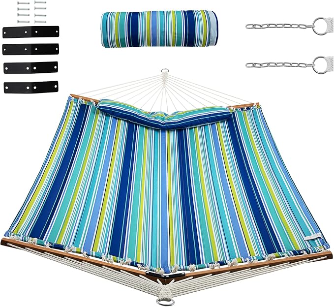 Giantex Hammock Swing Camping Hammock for Stand with Spreader Bar, Detachable Pillow, Hand Woven Cotton Ropes, Outdoor Hammocks for Patio, Backyard, Poolside(Hammock Without Stand) (Blue + Green)