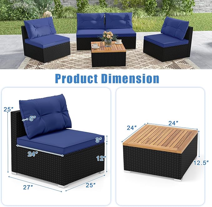 HAPPYGRILL 5 Pieces Patio Rattan Sofa Set, Outdoor Furniture Set with Seat & Back Cushions, Square Coffee Table with Acacia Wood Tabletop, Wicker Patio Conversation Set, Navy