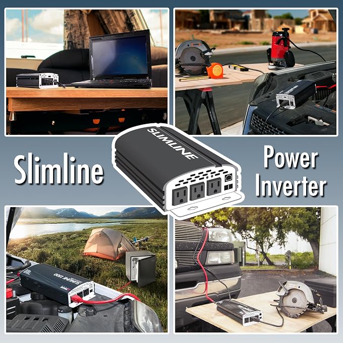 Wagan EL3724 2000W Slim Line AC to DC Power Inverter 2000W TrueRated Continuous 4500W Surge Power DC 12V to AC 110V Power Inverter with 3 AC Outlets and 2A USB Charging Port