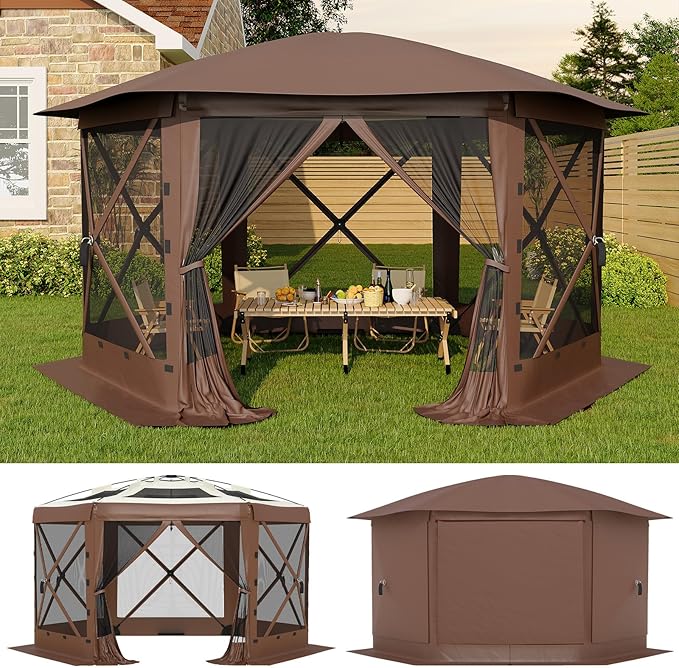 GarveeLife 13x13FT 6-Sided Pop Up Canopy Tent，One-Push Setup Canopy Tent with Removable Canopy Top & Wind Cloths, Outdoor shelter for Camping, Backyard Parties, Outdoor Events - Beige & Khaki
