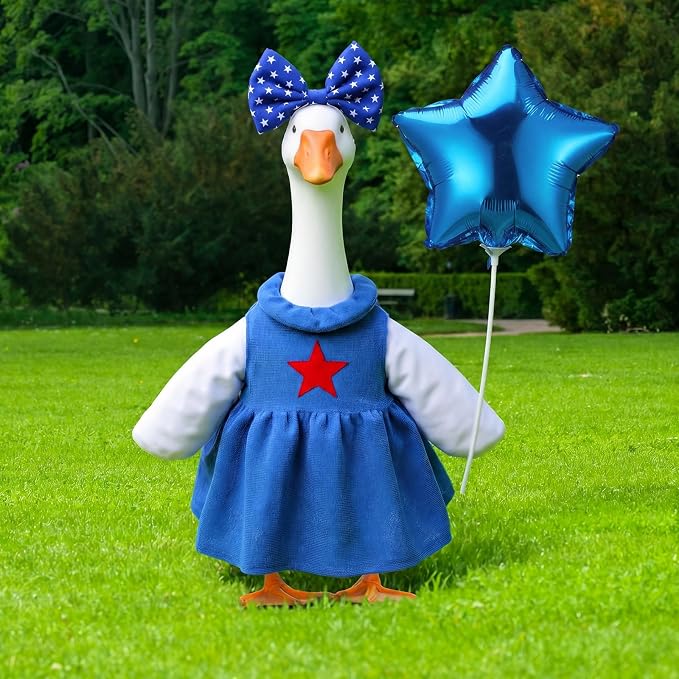 Soulchen 1 Set 4th of July Porch Goose Outfit 23 Inch Patriotic Red White Blue Cement Goose Clothes Dress and Headband Set for 250th Anniversary Independence Day Holiday Garden Yard Decor