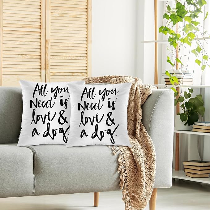Swono Love Phrase Home Decorative Throw Pillows Covers, All You Need is Love and A Dog Set of 2 Outdoor Pillow Case for Livingroom Bedroom, Boho Pillow Cushion Covers for Man Woman 18"X18"