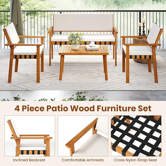 Tangkula 8 Pieces Wood Patio Furniture Set, Outdoor Acacia Wood Cuhioned Conversation Set with Coffee Table, for Backyard,Porch,Garden,Lawn