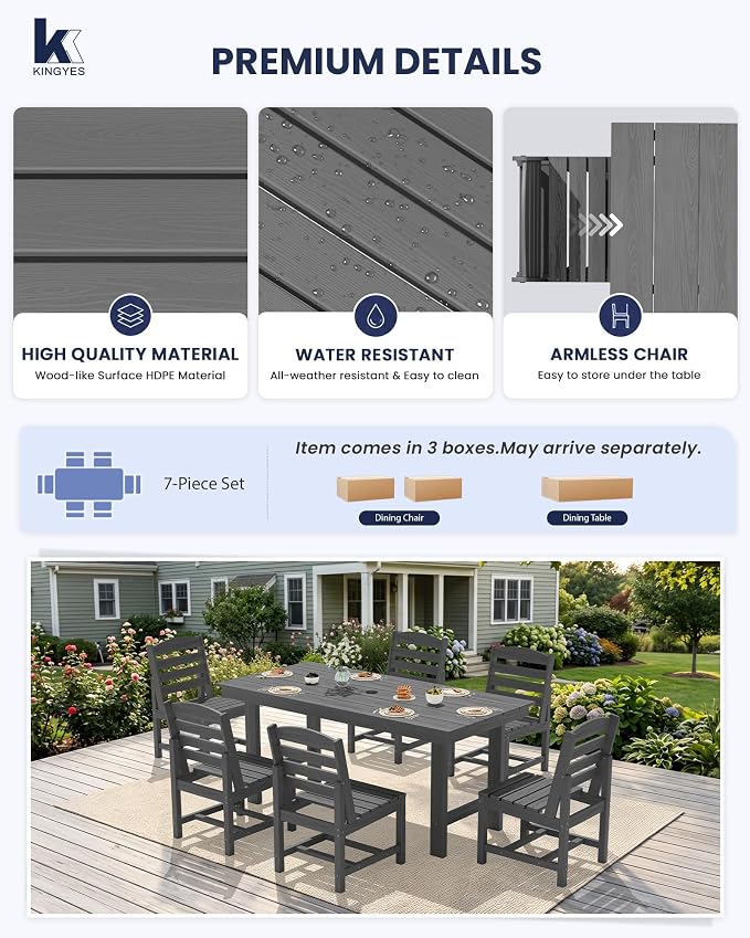 KINGYES 7-Piece Patio Dining Set, HDPE Table and Armless Chairs Outdoor Furniture Set with Umbrella Hole, Gray