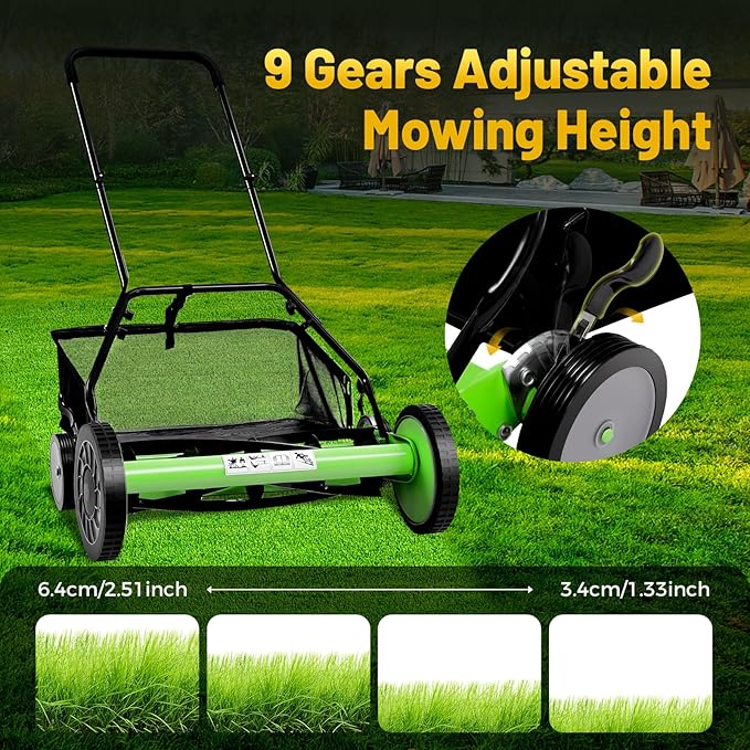 20" Reel Mower, Power Push Garden Grass Lawn Mower 9 Gears Cylinder Lawnmower Push Reel Lawn Mower with Grass Catcher, for Lawn Mowing in Villas, Parks, Gardens, Green, Black