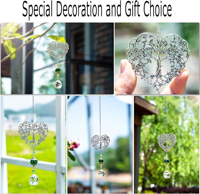 Tree of Life Heart Crystal Suncatcher Prism Rainbow Maker Window Decor | Tree of Life Heart Shaped Crystal Drop Prism Suncatcher Hanging Ornament for Window Garden Home Office Wedding Party Decor