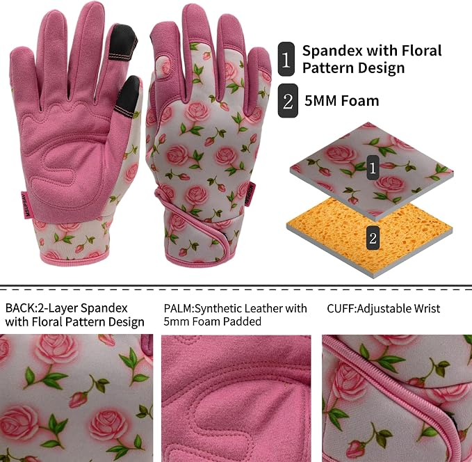 Cute Pattern Gardening Gloves,Thornproof Garden Glove,Gardener Gift | Gardening Gifts for Women,Touchscreen,Tender Thornproof,Cute Pattern,Protection Palm,Machine Washable,Adjustable Cuff