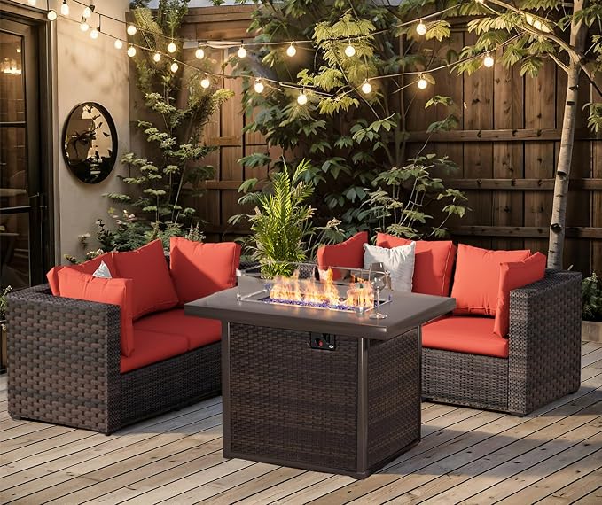 Patio Furniture Set with Fire Pit Table 5 Piece All Weather PE Rattan Outdoor Sectional Sofa Couch with 4 x arm Sofa, No-Slip Cushions for Garden, Poolside, Backyard (Red)