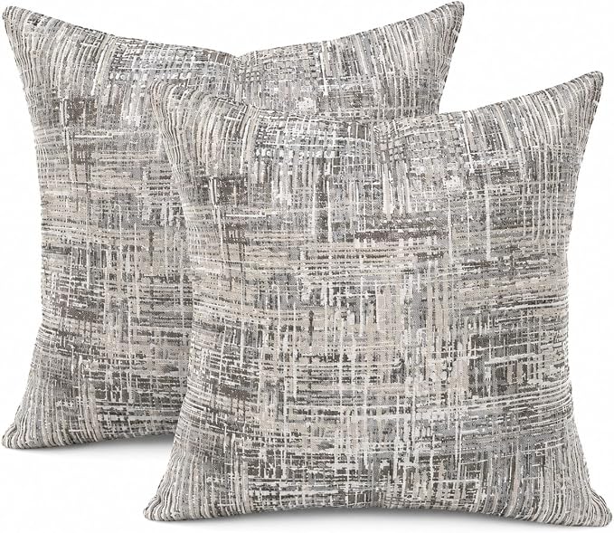 Outdoor Pillow Covers Waterproof Throw Pillow Covers, Set of 2 Jacquard Texture Water Resistant Fade Resistant Decorative Cushion Covers for Garden Patio Bench Couch Sofa, 18x18 Inch (Gray Grid)