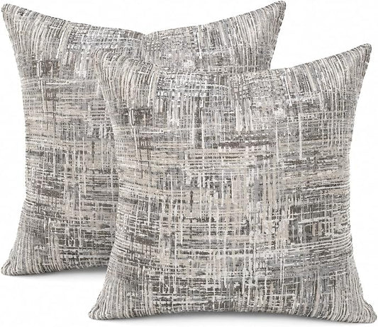 Outdoor Pillow Covers Waterproof Throw Pillow Covers, Set of 2 Jacquard Texture Water Resistant Fade Resistant Decorative Cushion Covers for Garden Patio Bench Couch Sofa, 18x18 Inch (Gray Grid)