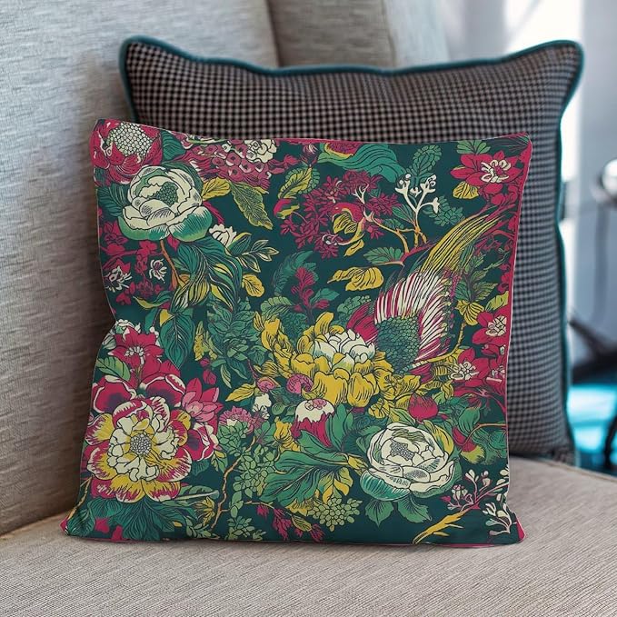 Cushion Cases Chinoiserie Red Peony Floral Throw Pillow Covers Abstract Green and Pink Pillow Cover Accent Square Couch Sofa Cushion Covers for Patio Couch Tent Sofa 18x18 in