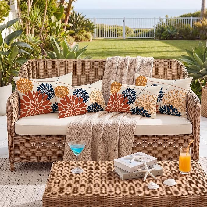 OTOSTAR Outdoor Orange Dark Blue Pillow Covers 16x24 Inch Set of 2 Flower Throw Pillows Farmhouse Geometric Dahlia Floral Lumbar Cushion Case Waterproof Decor for Sofa Patio Funiture Garden