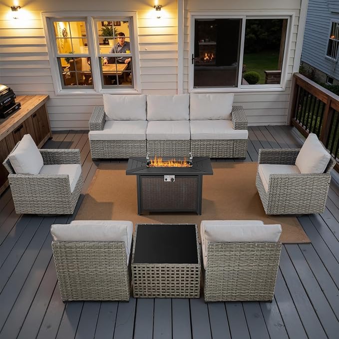 13 Piece Patio Furniture Set with 43" Propane Fire Pit Table, 10-Seater Modular Wicker Sectional Sofa with Swivel Rocker Patio Chairs for Deck Backyard or Outdoor Gatherings