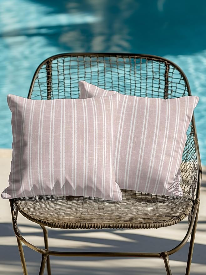 Waterproof Outdoor Pillow Set of 2 Red Linen Striped Decorative Throw Pillows Cover & Insert 16x16 Inch Pillowcase Vertical Stripes Lines Pillows for Couch Sofa Bed Patio Furniture Indoor Outdoor