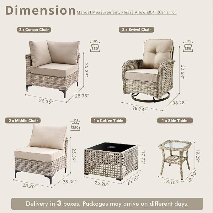 8 Pieces Patio Sectional Furniture Set, Outdoor Wicker Sectional Couch with High Back Swivel Rocker Chairs Solar Lights Table, Modern Conversation Set for Porch Balcony Backyard, Beige