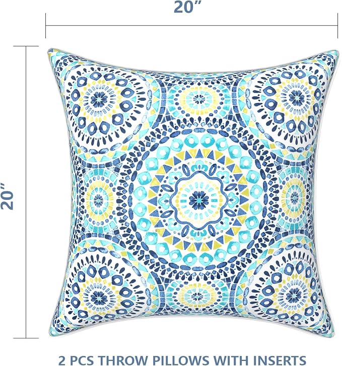 LVTXIII Set of 2 Patio Throw Pillows Waterproof 20"x20" Fade Resistant Outdoor Throw Pillows with Inserts, Fluffy Decorative Garden Toss Pillow Cushions for Home Patio Coach Sofa Use, Delancey Baltic