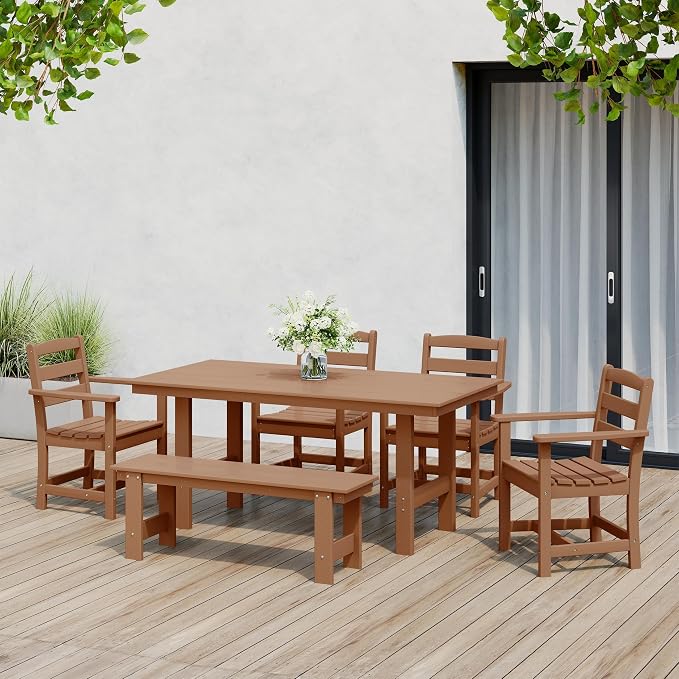 Costaelm Garden Dining Chair, Outdoor Patio Adirondack Chair with Arm, HDPE Poly Lumber, Waterproof Restaurant Bistro Dining Chair for Outside Porch Backyard, Teak