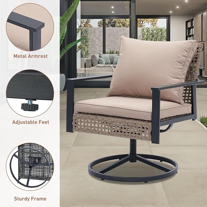 Ainfox Patio Furniture Set 4 Pieces, Patio Wicker Rattan Swivel Rocker, Outdoor Swivel Rocking Chairs Set with Loveseat, Garden Conversation Bistro Sets for Porch, Pool, Backyard Khaki