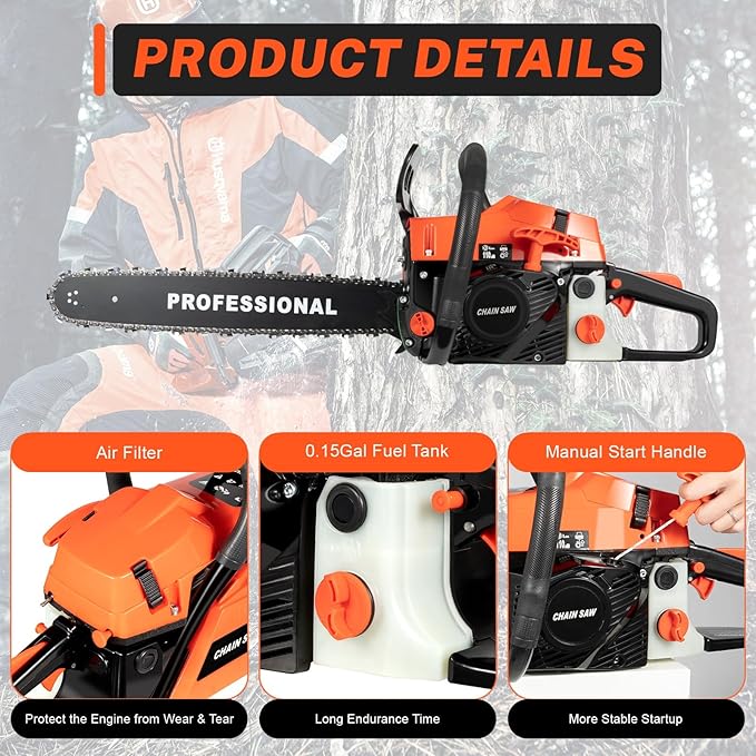 58CC 2-Stroke Gas Chainsaws, Gas Powered Chain Saw with Brake Baffle & Automatic Lubrication System, Handheld Petrol Chainsaws for Cutting Wood Tree Trimming