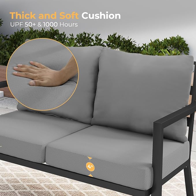 HAPPATIO Aluminum Patio Furniture Set, 4 Pieces Conversation Set with Thick Cushions and Coffee Table, All Weather 3-Seat Sofa Waterproof and Rustproof for Garden, Backyard, Porch, Black