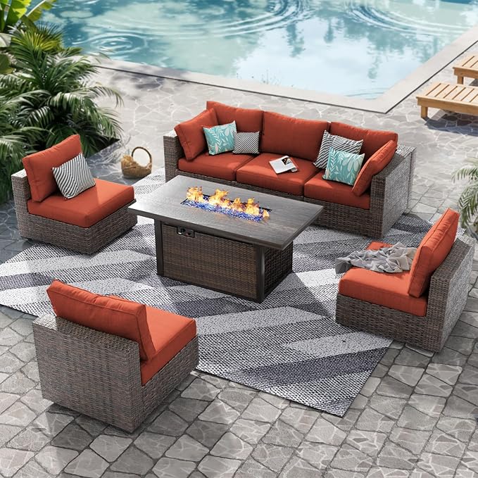 Grezone Patio Furniture Set,7 Piece Patio Furniture Set with Fire Pit Table,PE Wicker Rattan Sectional Sofa Patio Conversation Set with Thickened Cushions, Red