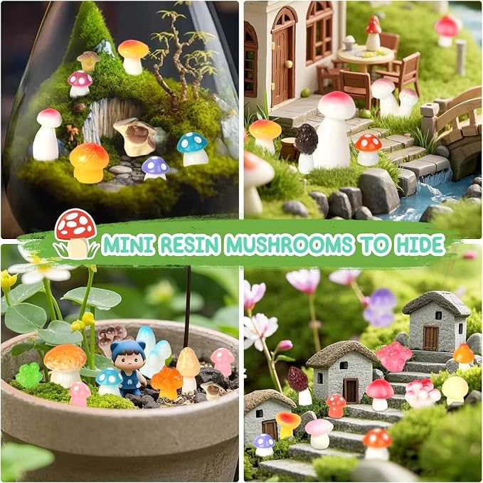 100pcs Mini Mushrooms Tiny Resin Mushrooms Miniature Little Small Mushroom Figures Bulk for for Micro Fairy Garden Landscape Aquarium Accessories Dollhouse Hide Crafts Decor