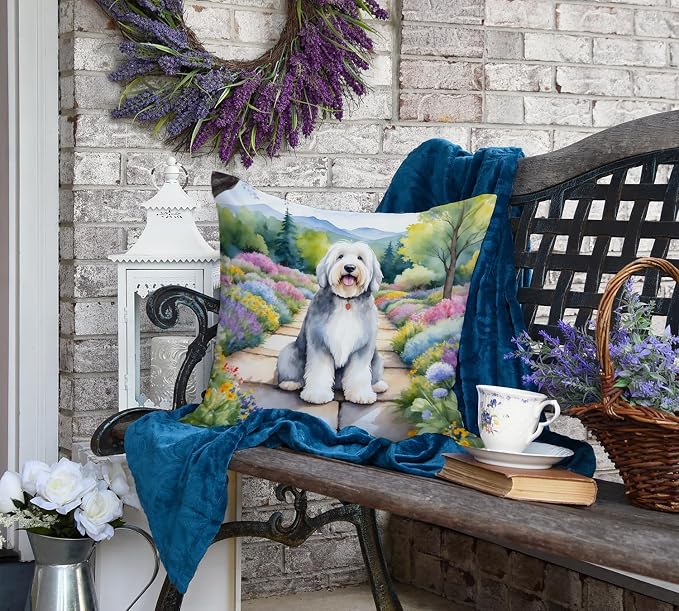 Caroline's Treasures Old English Sheepdog Spring Path Throw Pillow Machine Washable, Indoor Outdoor Decorative Pillow for Couch, Bed or Patio, 18Hx18W