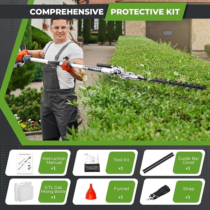 36CC Gas Hedge Trimmer, 2-Stroke Pole Hedge Trimmer with 27.5Inch Cutter Bar, Double Reciprocating Blades, 270° Rotatable Cutting Head, Hedge Trimmer Gas Powered for Bushes, Hedges and Garden Trimming