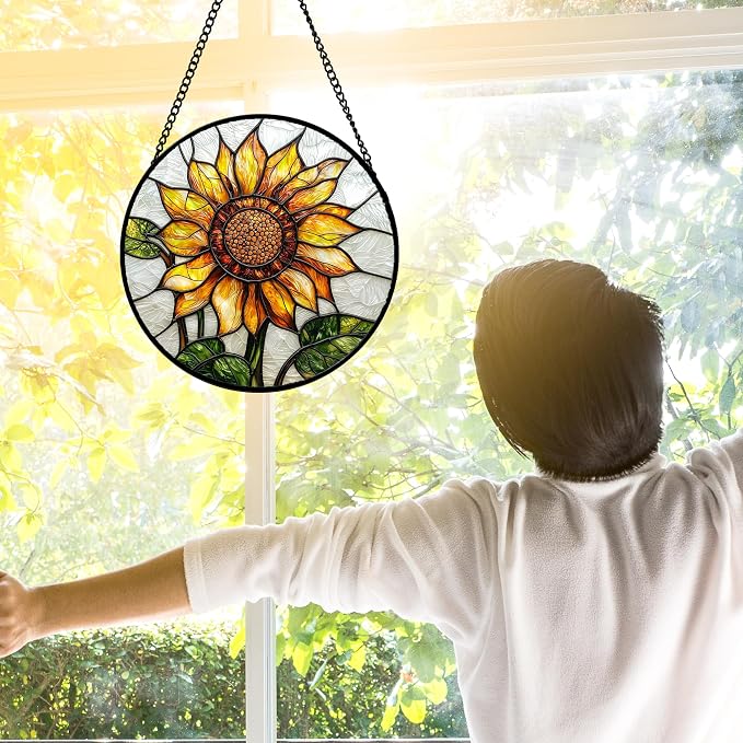 DASTOLL Stained Glass Window Hanging - Sunflower Flower Suncatcher Ready to Hang Window Doors Home Decoration and Christmas, Mother's Day Birthday Gifts for Women, Men, and Mom 7.8x7.8 in