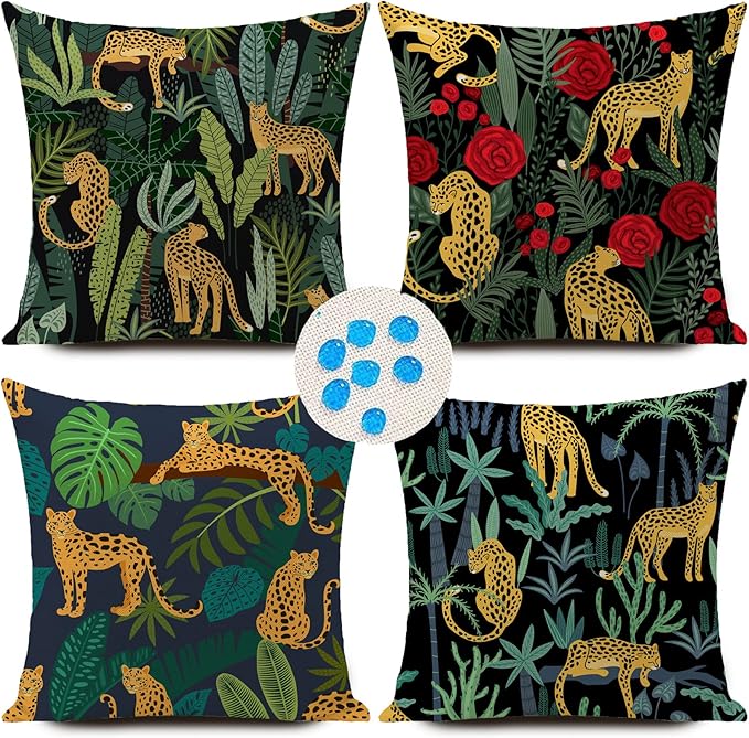 Outdoor Waterproof Throw Pillow Covers Jungle Leopard Tropical Cushions Pillows Case 18x18 Inch Set of 4 Patio Furniture Pillows Decorative for Home Garden Sofa Couch