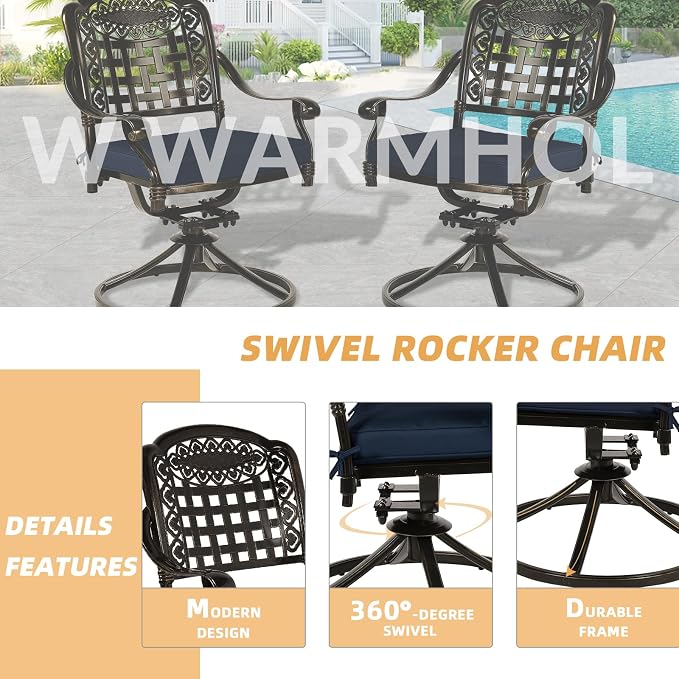 9-Piece Patio Dining Set, Outdoor Patio Table and Chair Set of 84” Oval Cast Aluminum Dining Table with Umbrella Hole, 8 Patio Dining Swivel Chairs Padded, Patio Funiture Set, Navy