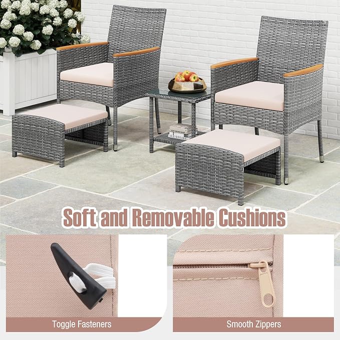 Tangkula 5 Pieces Patio Conversation Set, Outdoor PE Rattan Chairs with Soft Cushions, Ottomans & Tempered Glass Top Table, Acacia Wood Armrests, Patio Furniture Set (Mix Grey+Beige)