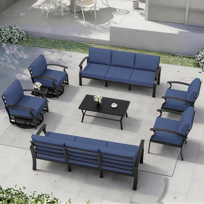 Kurapika Aluminum Patio Furniture Set 10-Seat Modern Metal Outdoor Conversation Sets w/Swivel Rocking Chairs Patio Sectional Sofa w/5.1 Inch Cushion with Rectangular Coffee Table, Navy Blue
