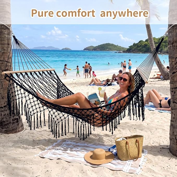 Hand Woven Cotton Rope Hammock, 10 ft Hammock for Patio Garden Yard Porch Camping Beach Indoor Outdoor Hanging Include Rope Straps, 450lb Capacity(Black)