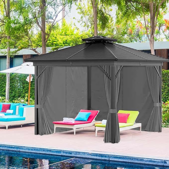 12'x12' Privacy Gazebo Curtains Outdoor Waterproof, 4-Panel Sidewall Curtains Universal Replacement with Zipper for Patio, Backyard, Garden (Grey)
