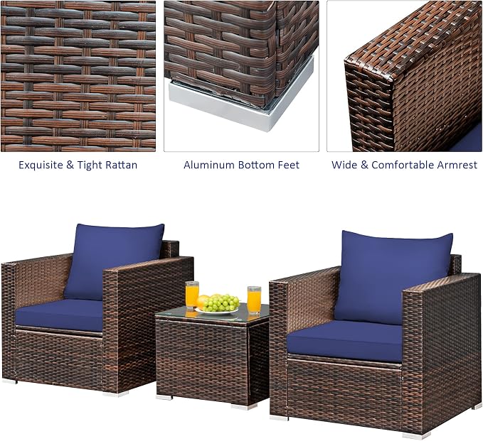 COSTWAY 3-Piece Patio Furniture Set, Outdoor Wicker Rattan Sofa with Cushions and Coffee Table with Tempered Glass, Modern Conversation Chair Set for Poolside Backyard Balcony Lawn (Navy)