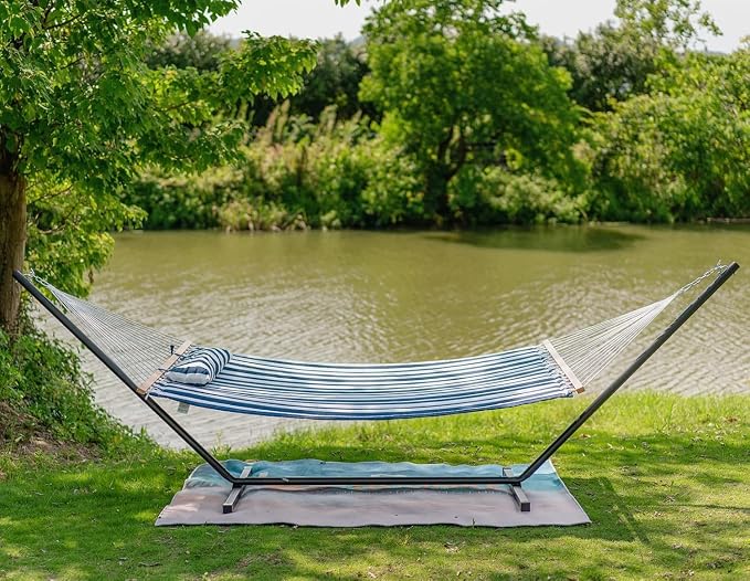 Lazy Daze Hammocks 12FT Quilted Fabric Double Hammock with Spreader Bars and Detachable Pillow, 2 Person, 450lbs Capacity, Blue White