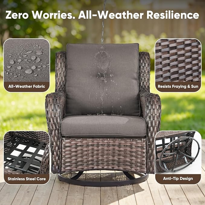 Belord 4 Piece Patio Wicker Furniture Set, Outdoor Swivel Rocker Chairs, All Weather Outdoor Patio Loveseat Set with Fire Pit Table for Deck Porch, Brown Wicker/Gray