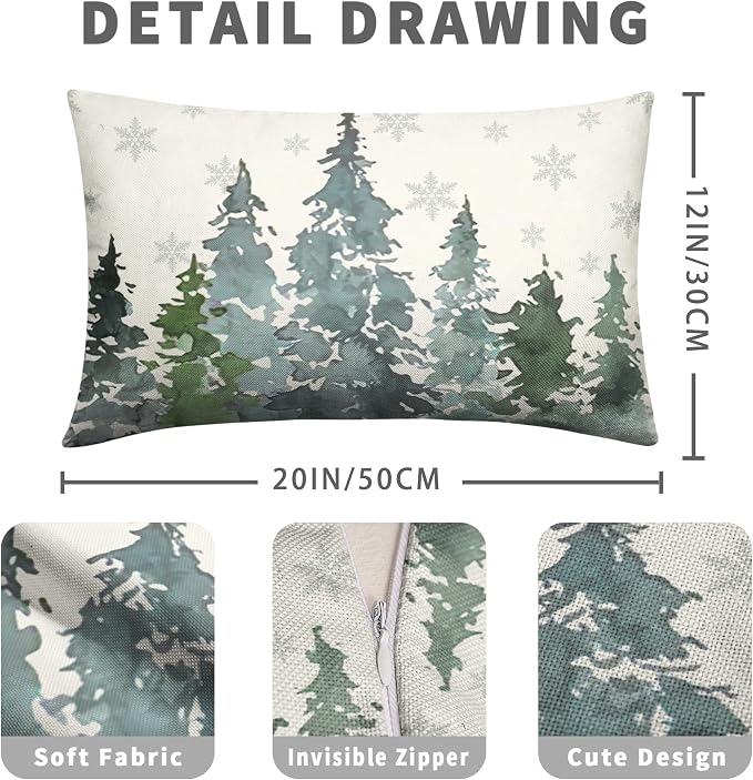 Watercolor Pine Tree Lumbar Pillow Covers 12x20 Winter Rustic Nature Forest Rectangle Pillow Covers Set of 2 Green Forest Woodland Cotton Linen Cushion Case for Couch Outdoor Living Room