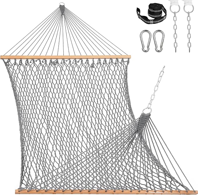 Lazy Daze Hammocks 12FT Double Rope Hammocks, 2 Person Hand Woven Cotton Hammock with Spreader Bar, Carabiner, Tree Strap, Chain for Outside, FIT 13-15 FT Stand, Max 450 Lbs, Light Grey
