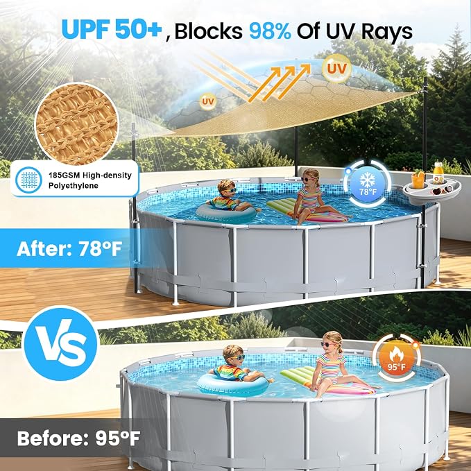 Pool Shade Set for 11-16 Ft Above Ground Pools - UV-Resistant Shade Sail Triangular 10'x10'x10' with Storage Tray, Outdoor Sun Shade Canopy with Poles for Deck, Patio, Garden, Pool Accessories