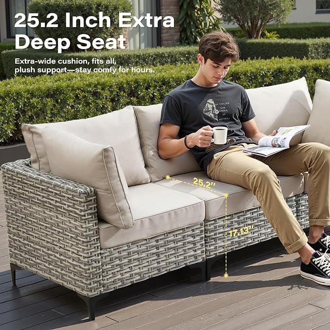 11 Pieces Outdoor Sectional Patio Furniture Set with 54" Fire Pit,Wicker Conversation Sets Rattan L Shaped Couch Swivel Rocking Chairs,Modular Outdoor Sofa for Porch Balcony Backyard Beige