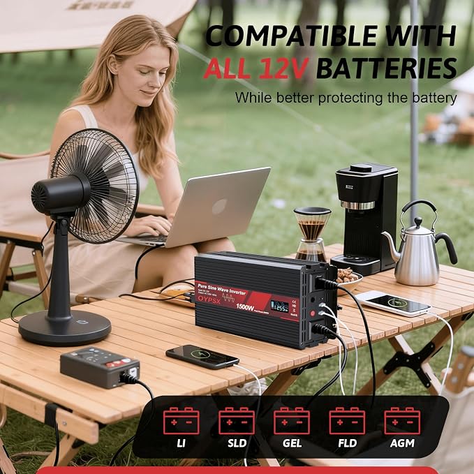 1500W Power Inverter 12V to 110V 120V AC Pure Sine Wave Inverter for RV Truck Camping,Outdoor Off-Grid Power Converter with LCD Display,Wired Controller,AC Outlets USB Ports (12V-1500Watt)