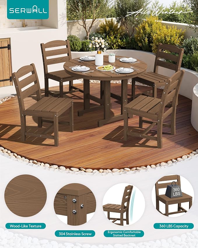 SERWALL 5-Piece Patio Dining Sets, HDPE Outdoor Table and Chairs Furniture Set, 45" Round Dining Table and 4 Armless Dining Chairs, Brown