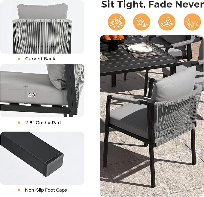 Patio Dining Set 7-Piece Woven Rope Rattan Dining Table and Chairs Set | Outdoor Metal Woven Wicker Rope Chairs with Cushions, All-Weather PE Rattan Outdoor Dining Set for Lawn Garden